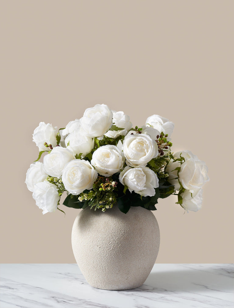 Faux Large Rose Arrangement - White Ivory (3 Stems/21 Roses)