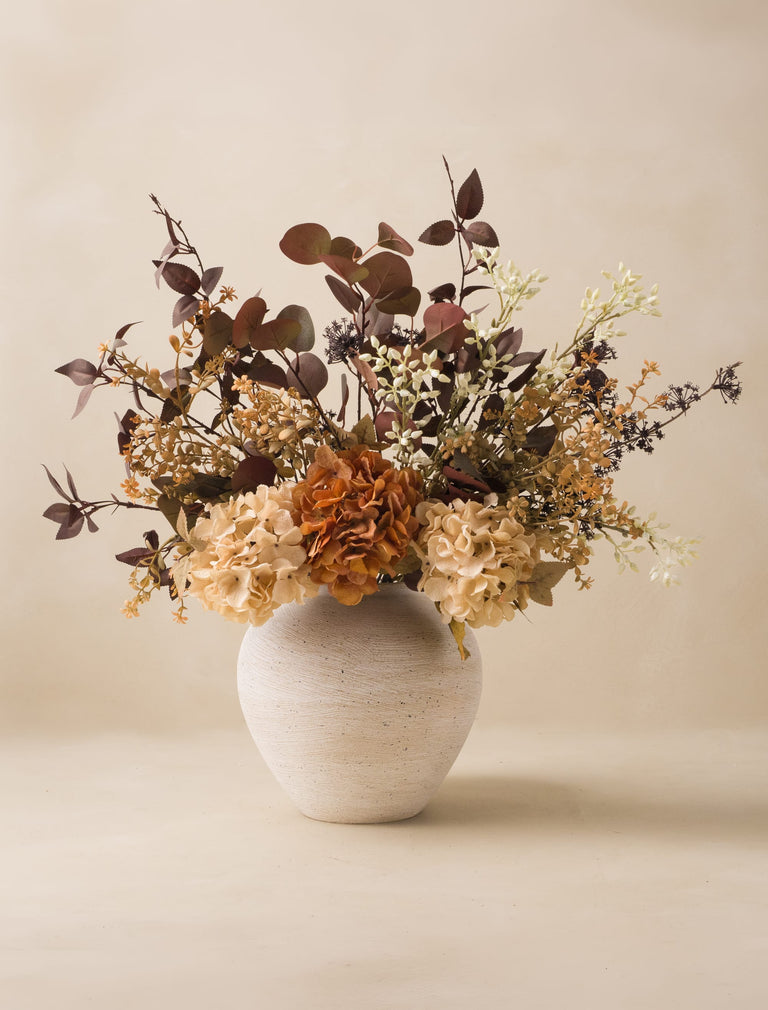 Faux Arrangement - Orange Hydrangea & Eucalyptus