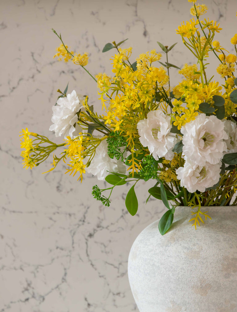 Faux Arrangement - Eucalyptus, Yellow Mimosa & White Dahlia