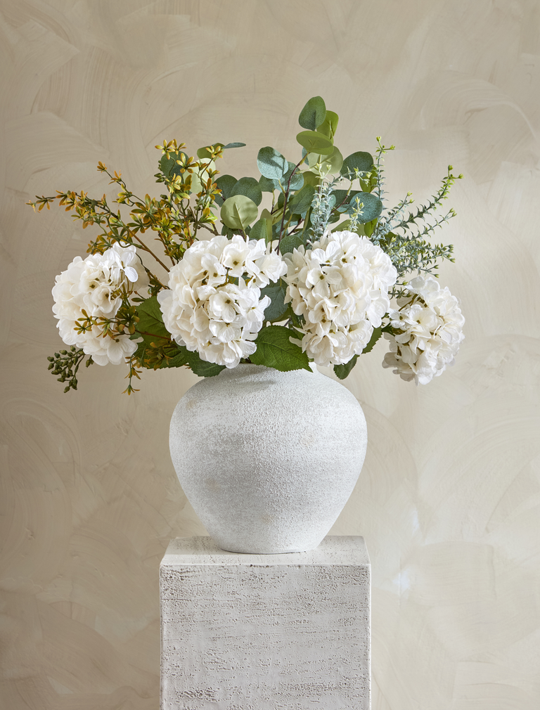 Faux Arrangement - Eucalyptus & White Hydrangea